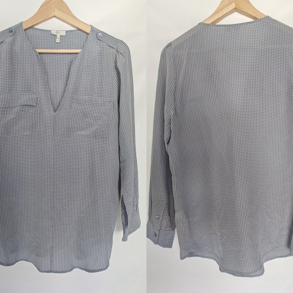 Joie Silk Blue White Long Sleeve Blouse Tunic White Dot‎ Print V Neck Career XS
